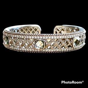 Judith Ripka sterling silver cuff hinged bracelet with green topaz and cz’s
